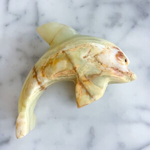 4in Green Onyx Cream Brown Stone Dolphin Sculpture Figure Ornament Paperweight